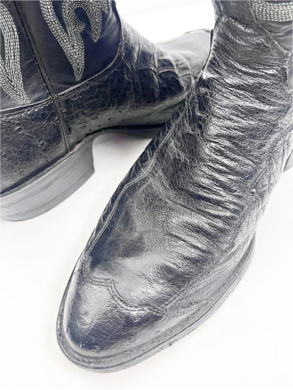 JUSTIN USA Black Smooth Ostrich Leather Roper Style Round Toe Pull On Boots 7